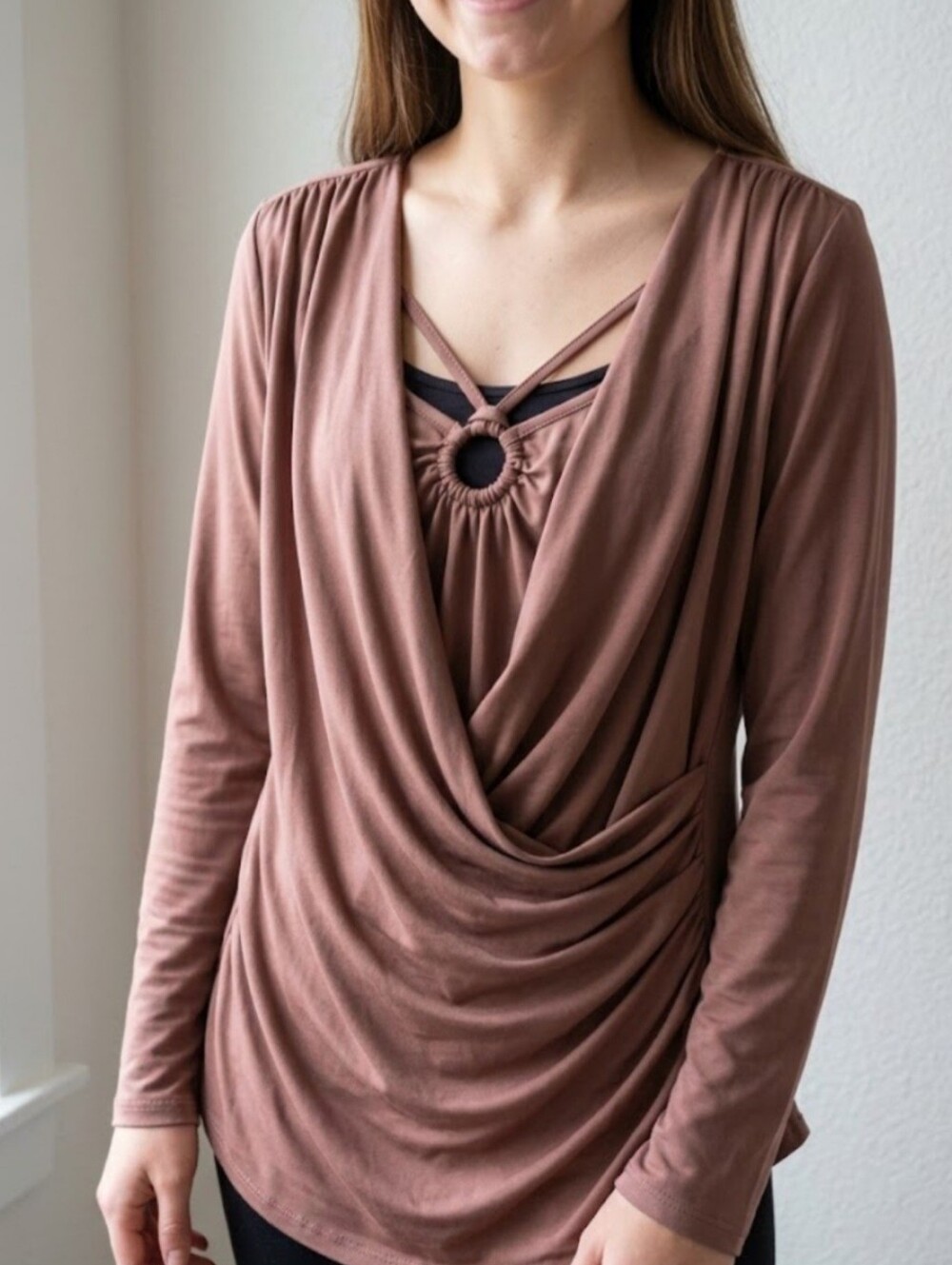 SHEIN Brown Cowl Neck Top Long Sleeve Ring Cutout Ruched Blouse